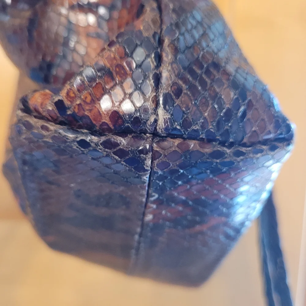 Falor Italian Leather Snakeskin Embossed Shoulder Bag Brown Black - Picture 10 of 14